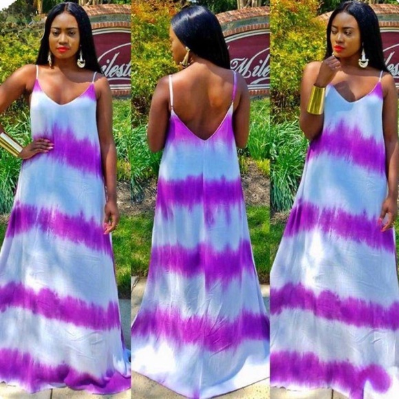 None Dresses & Skirts - Tie-Dye Purple & White Maxi Slip Dress with V-Back